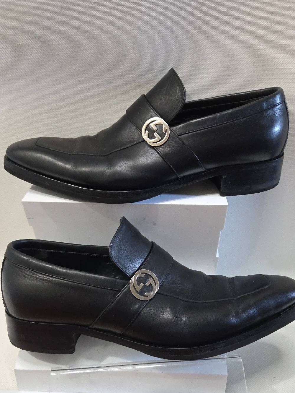 Gucci Black Leather Loafers with Silver Logo Hardware